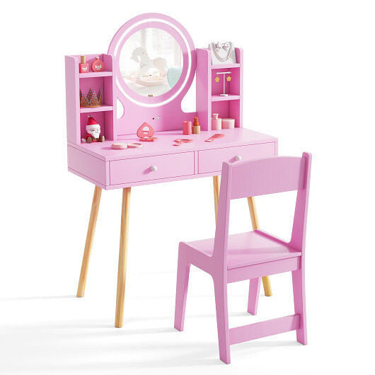 Kids Vanity Set with Lighted Mirror and Storage Drawers-White