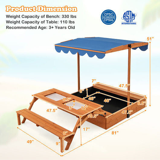Kids Wooden Sand Box with Foldable Picnic Sensory Table and Bench-Natural