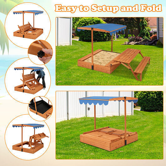 Kids Wooden Sand Box with Foldable Picnic Sensory Table and Bench-Natural